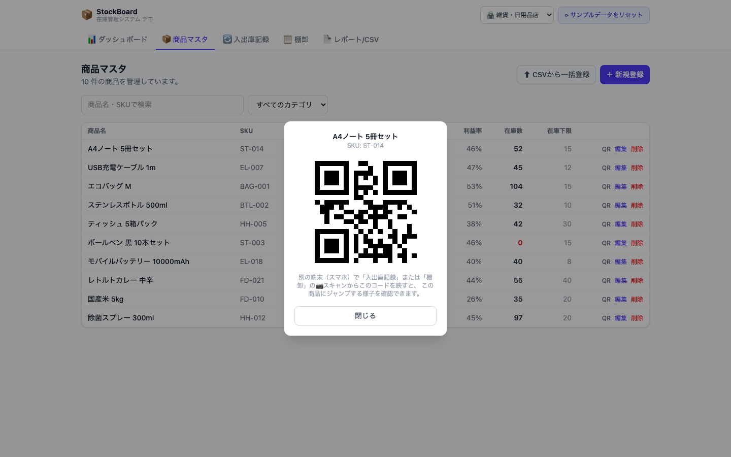 商品ごとに発行されるQRコードのモーダル。別端末のスキャンで商品を自動選択できる