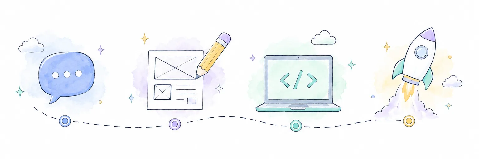 ヒアリング、設計、開発、公開の4ステップを点線でつないだイラスト